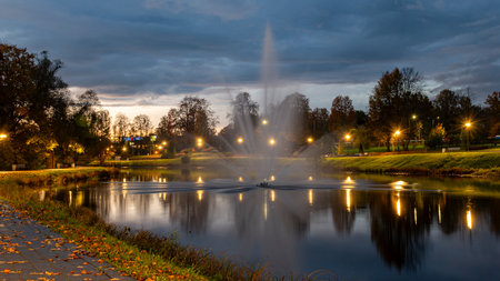 beautiful evening landscape, illuminated reflections and bright colorsの写真素材