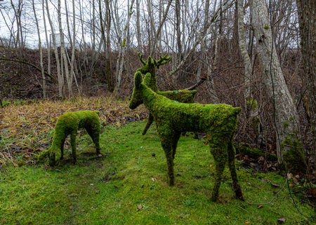 autumn landscape with garden sculptures made of moss, park in autumn, fallen tree leaves, autumnの写真素材
