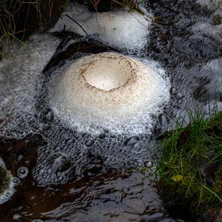 a long exposure view of a small fast river, beautiful water formations, autumn landscape, november in natureの写真素材