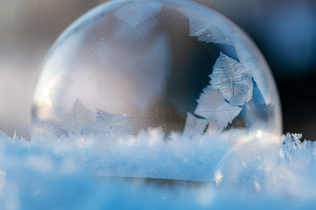 picture with frozen bubble in the snow, beautiful frosty patterns on a frozen soap bubble, winter,...
