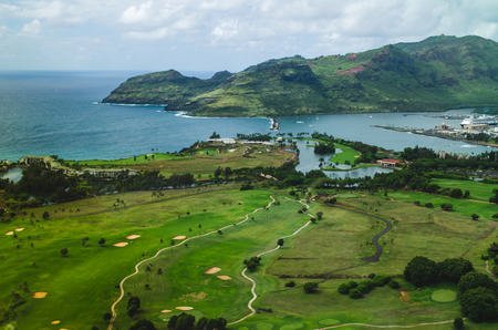 Aerial view of a golf field in the coast of Kauai, USの写真素材