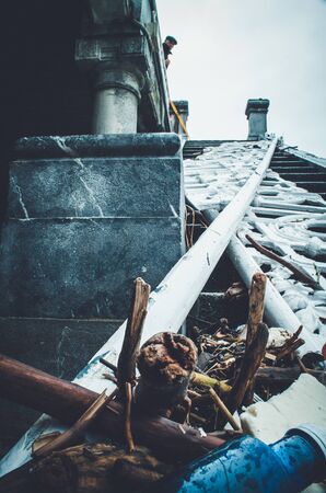 Destruction and remains of high tide in San Sebastian, Spainの写真素材