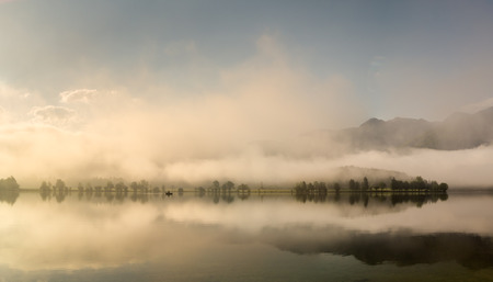 Alpine lake,Sunrise over the alpine lake Bohinj,Sloveniaの写真素材
