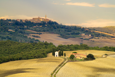 Pienza,Italy the famous Tuscan landscape at sunriseの写真素材