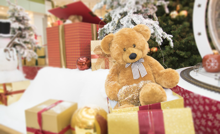 christmas table background with christmas tree,Christmas decorations and giftsの写真素材