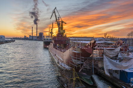 Szczecin, Poland-January 2018: Renovation of the Polish Navy ship-ORP Poznan at the Repair Shipyard in Szczecinのeditorial素材