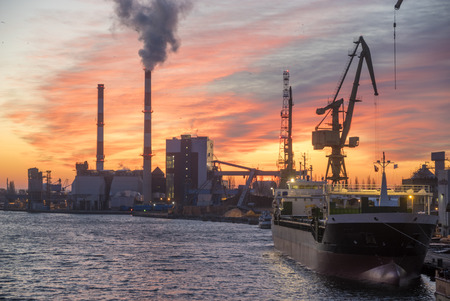 Industrial areas on the river, port, ecological power plant, port, repair yard