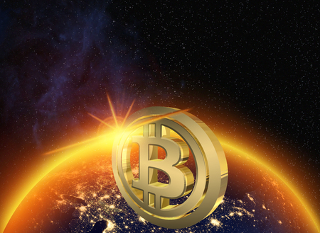 golden Bitcoin against the background of the rising sun over the Earth globeの写真素材