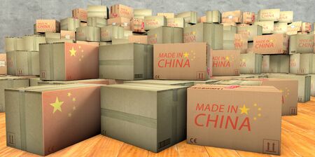 stack of cardboard packages with the inscription made in Chinaの写真素材