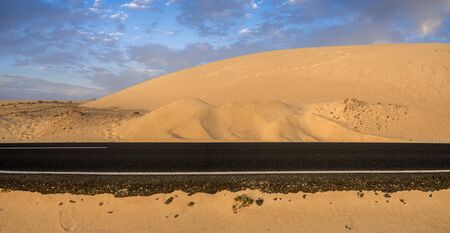 asphalt road running through sandy desertsの写真素材