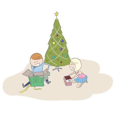 Kids opening their Christmas presents. EPS10 vector illustrationのイラスト素材