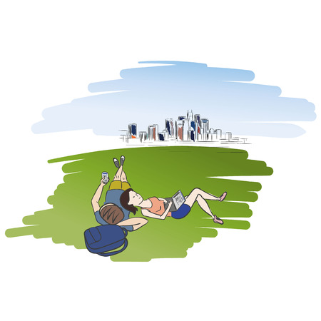 A young couple lying outside the city. Man using his smartphone and woman using laptop. のイラスト素材