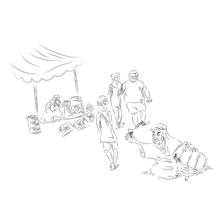 Oil prices going down. Arabian sellers sell oil at local market. Hand drawn sketchy illustrationのイラスト素材