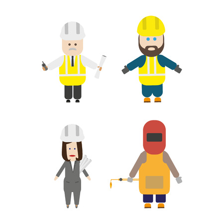 Set of construction team members. Engineer, general laborer, architect, welder. Flat style vectorのイラスト素材