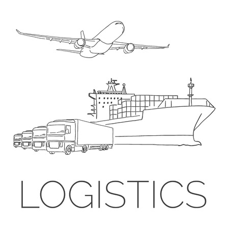 Logistics sign with plane, trucks and container ship vector hand drawn illustrationのイラスト素材