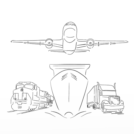 Logistics sign with plane, truck, container ship and train vector illustrationのイラスト素材
