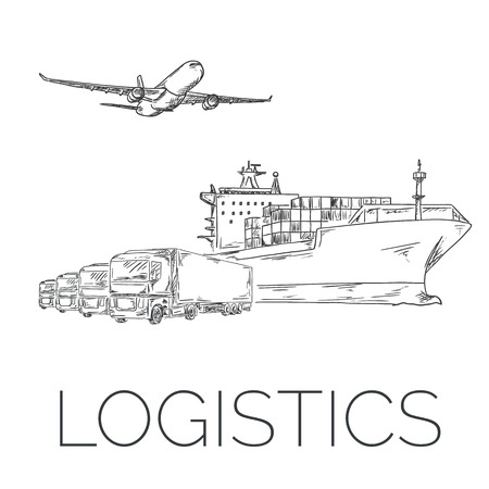 Logistics sign with plane, trucks and container ship vector hand drawn illustrationのイラスト素材