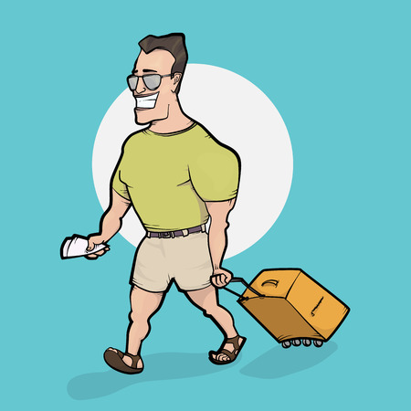 Travelling man goes with bag. Hand drawn illustrationのイラスト素材