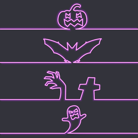 Halloween symbols in neon light, dark background vector illustrationのイラスト素材
