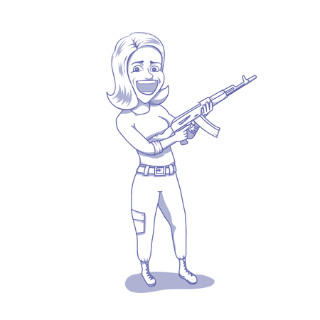 Happy woman with assault rifle hand drawn illustrationのイラスト素材