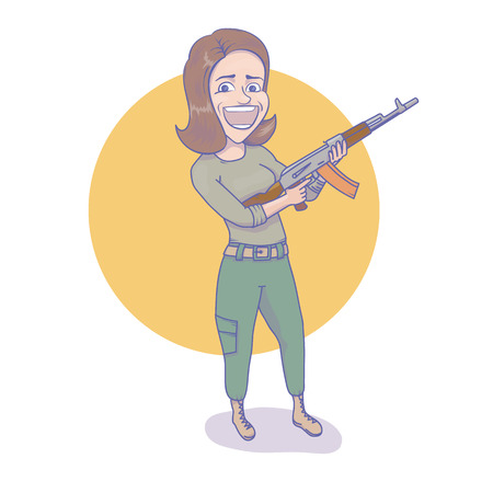 Happy woman with assault rifle hand drawn illustrationのイラスト素材