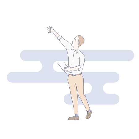 A designer while imagining his new work hand drawn illustrationのイラスト素材