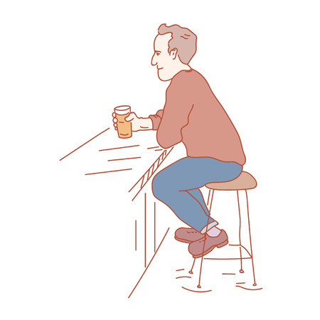 Pub vistor sitting with a pint of beer in his hand. Hand drawn style illustrationのイラスト素材