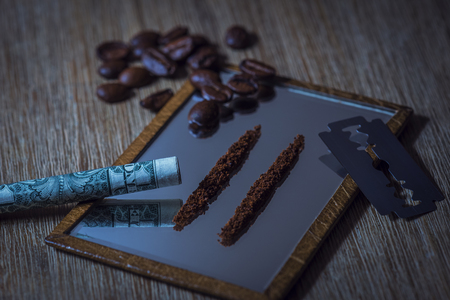 conceptual scene of how a coffee addict would take his coffee.の写真素材