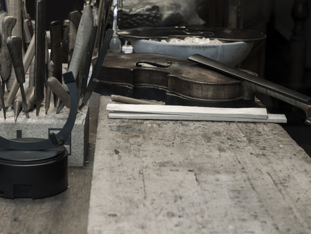 close up view of a violin builders atelierの写真素材