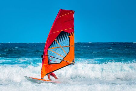 water sports: windsurfer riding the waves during sunny summer afternoon under a blue skyの写真素材
