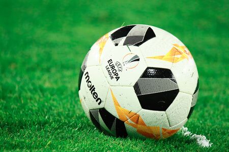 Wolfsburg, Germany, December 12, 2019: official game ball of UEFA Europa League on ground before a free kick during the match between VfL Wolfsburg and AS Saint-Etienne at Volkswagen Arena in Wolfsburg, Germany.のeditorial素材