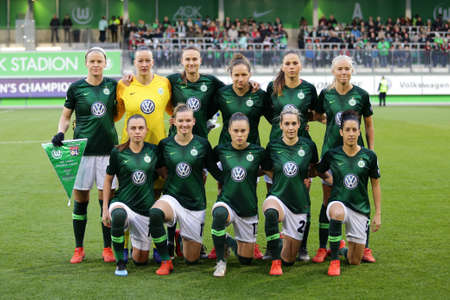 Wolfsburg, Germany, March 27, 2019: VfL Wolfsburg ladies soccer team pose before UEFA Champions League game against Olympique Lyon.のeditorial素材