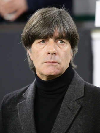 Wolfsburg, Germany, March 20, 2019: Germany national team head coach, Joachim Low, during the international friendly soccer game Germany vs Serbia at Volkswagen Arena in Wolfsburg.のeditorial素材