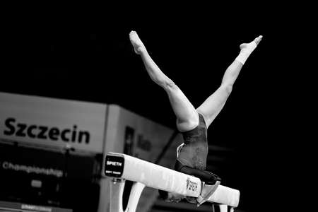 Szczecin, Poland, April 11, 2019: Zoja Szekely of Hungary competes on the balance beam during the European artistic gymnastics championships in Polandのeditorial素材
