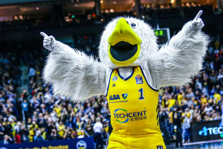 Berlin, Germany, October 04, 2019: the mascot of Alba Berlin entertains the audience during the EuroLeague basketball match between Alba Berlin and Zenit St Petersburg at Mercedes Benz Arena in Berliのeditorial素材