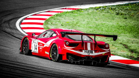 Oschersleben, Germany, April 26, 2019: Ferrari 458 GT driven by Andreas Konig during the Spezial...