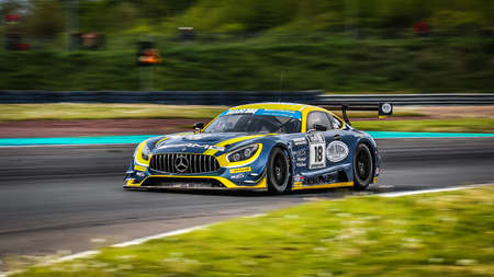 Oschersleben, Germany, April 28, 2019: racing driver Josef Kluber driving a Mercedes AMG GT during the Spezial Tourenwagen Trophy at the Motorsport Arena in Oscherslebenのeditorial素材
