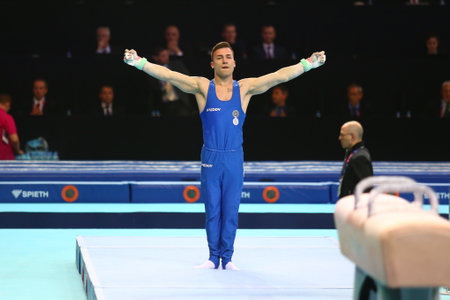 Szczecin, Poland, April 10, 2019: Marco Lodadio of Italy exult during the European gymnastics championshipsのeditorial素材