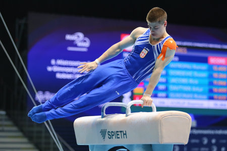 Szczecin, Poland, April 10, 2019: Vlada Rakovic of Serbia competes on the pommel horse during the European artistic gymnastics championshipsのeditorial素材