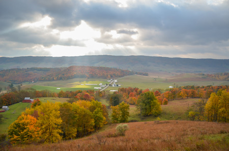 Sunbeams over Small Town in Highland County, Virginiaの写真素材