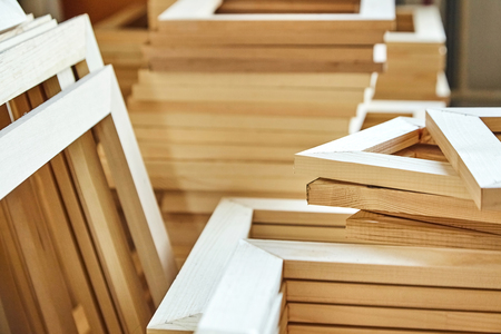 Wooden stretcher bar frames. Subframes for gallery wrapped canvas. Selective focusの写真素材