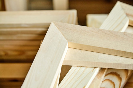 Wooden stretcher bar frames. Subframes for gallery wrapped canvas. Selective focus
