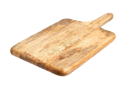 wooden pine cutting board isolated on white backgroundの写真素材