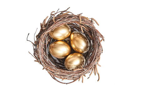 Golgen eggs in a basket of birch branches. Painted easter chicken egg in the brown nestの写真素材