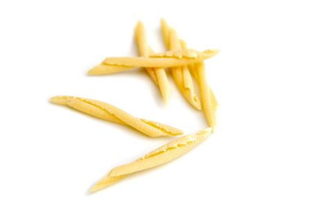 Dry Uncooked Trofie Italian Pasta . Isolated on White Backgroundの写真素材