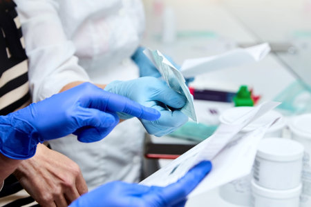 Discussion of doctors. Female hands in blue medical gloves. Perform actions according to the...