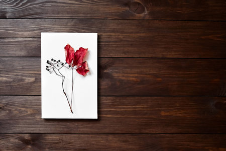 Dried plants lying on a white canvas. Red leaves and black berries on brown wooden background