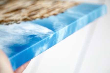 Canvas print. Photo with gallery wrap method of canvas stretching on stretcher bar, lateral sideの写真素材