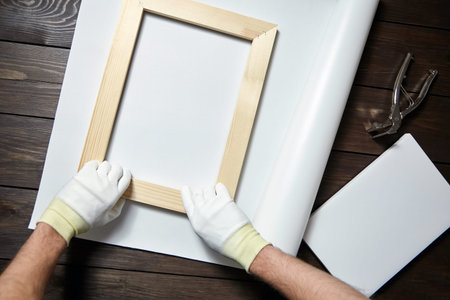 Canvas stretching process. Wooden stretcher bar, canvas pliers, male hand in white protect gloves
