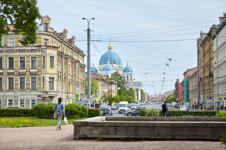Saint Petersburg, Russia - May 20, 2019: The Trinity Cathedral (Troitsky Sobor) Guards Izmailovsky Regiment is architectural landmark of the city. View from the square to Troitsky Avenueのeditorial素材